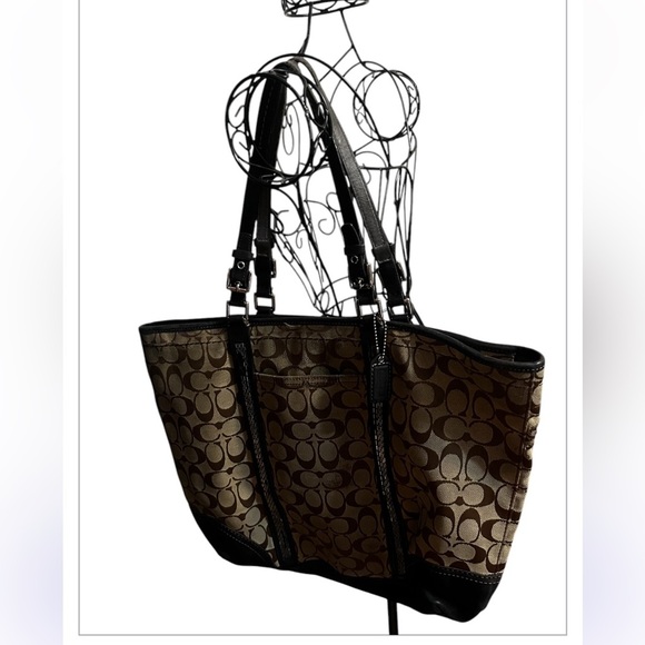 Coach Signature C Khaki Tote Jacquard Beaded Brown Suede Shoulder Bag #8K53 - Picture 2 of 16